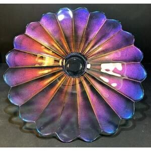 Vtg Carnival Glass cake stand - Iridescent Starburst/ Floral Design 12” X4”